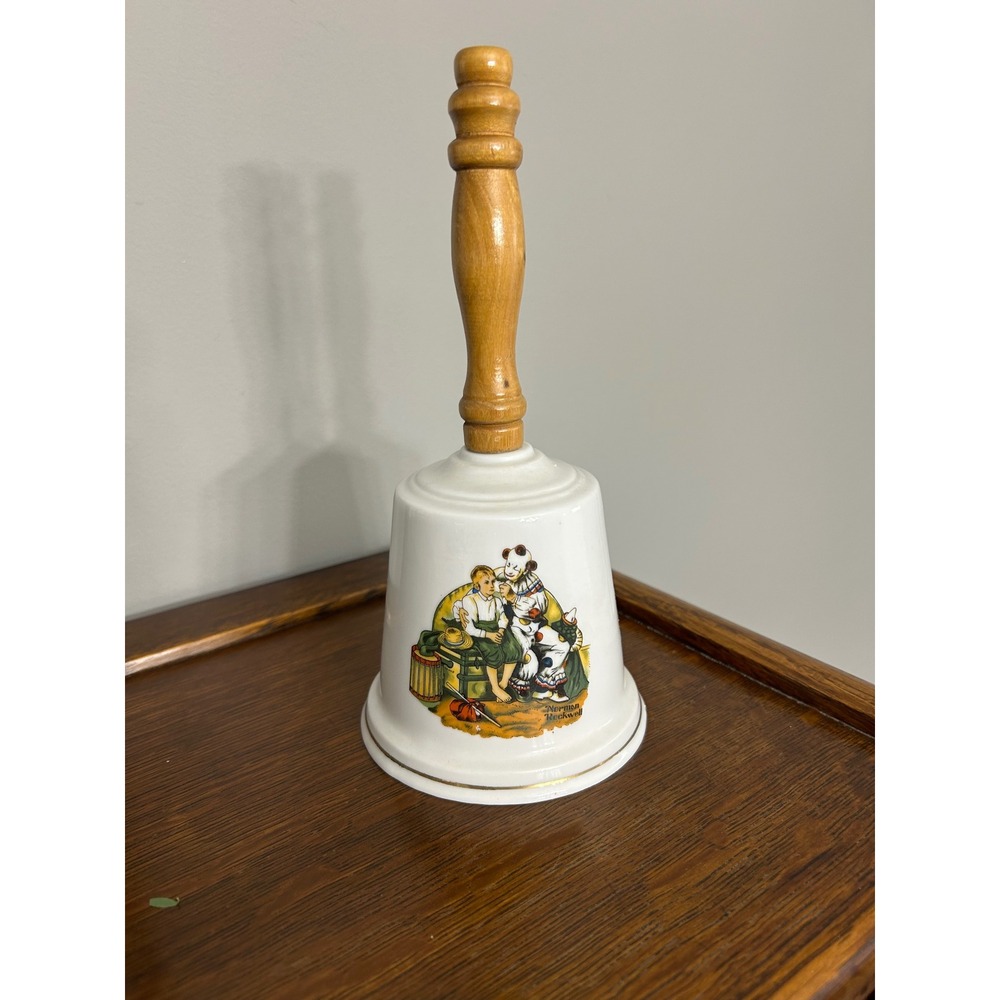 Norman Rockwell Ceramic Bell Wooden Handle Decorative Collectible